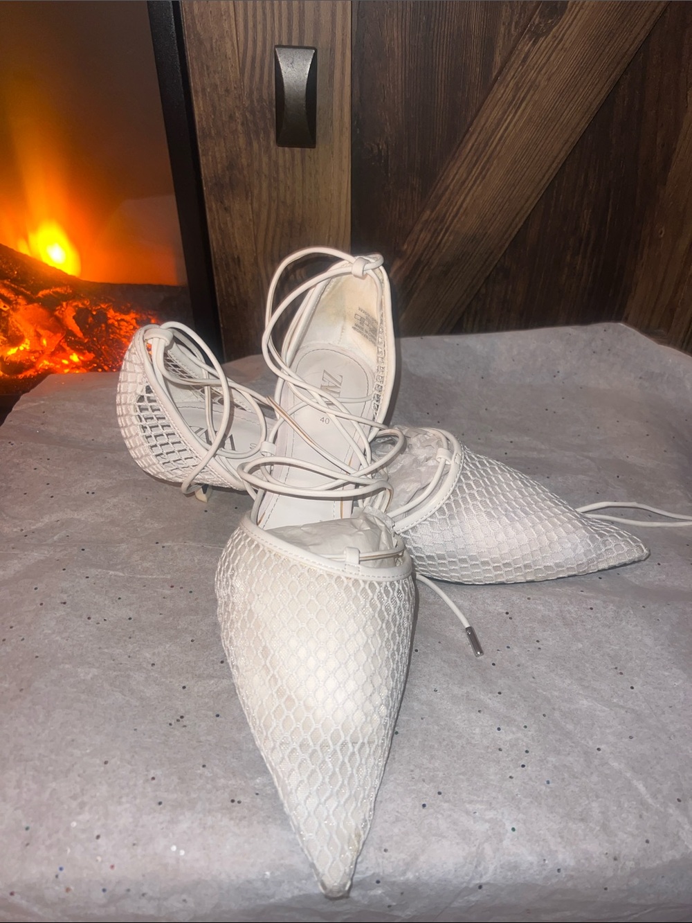 Zara White Mesh Kitten Heel Shoes